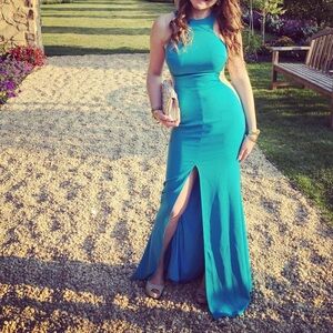 Chic Blue dress with mesh sides and front slit size 2